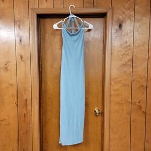 Baby blue body con dress with draping and neck ties - WOMENS size SMALL
